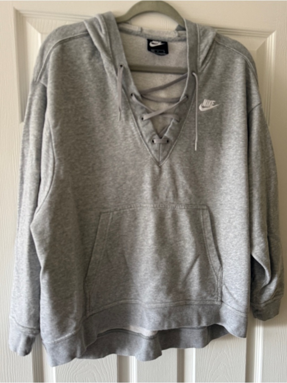 Nike Women’s Lightweight Grey Lace-Up V-Neck Pullover Hoodie